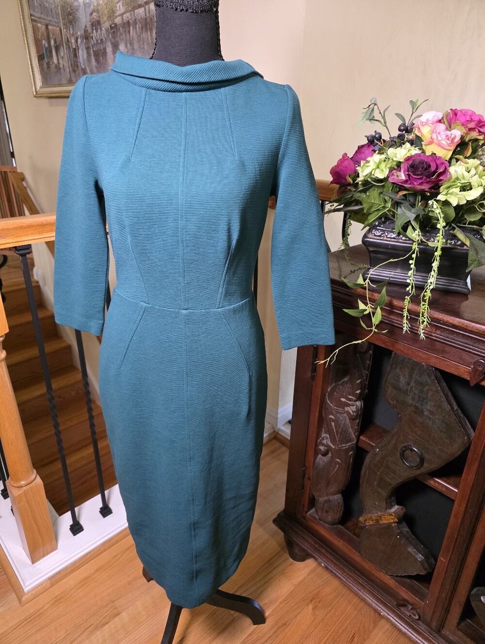 Boden Textured Teal Green Portrait Collar Midi Sheath Dress Gold Back Zip 3/4 6 - Picture 1 of 13